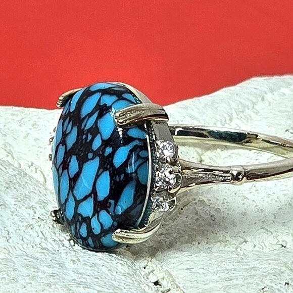 925 Sterling Silver Ring SZ 6.5 with Natural Turquoise   & CZ - Picture 4 of 14